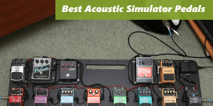 Picture with the 5 best acoustic simulator pedals: Joyo JF-323 Wooden, AROMA AAS-3 AC, Hotone TPSWOOD Wood, Mooer MAC1 Akoustikar